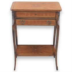 20th century French kingswood inlaid worktable, hinged top with divided compartment, above a single frieze drawer with brass pulls, gilt mounted tapered supports united by and undertier