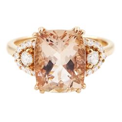18ct rose gold radiant cut morganite and round brilliant cut diamond cluster ring, stamped 750, morganite approx 3.05 carat