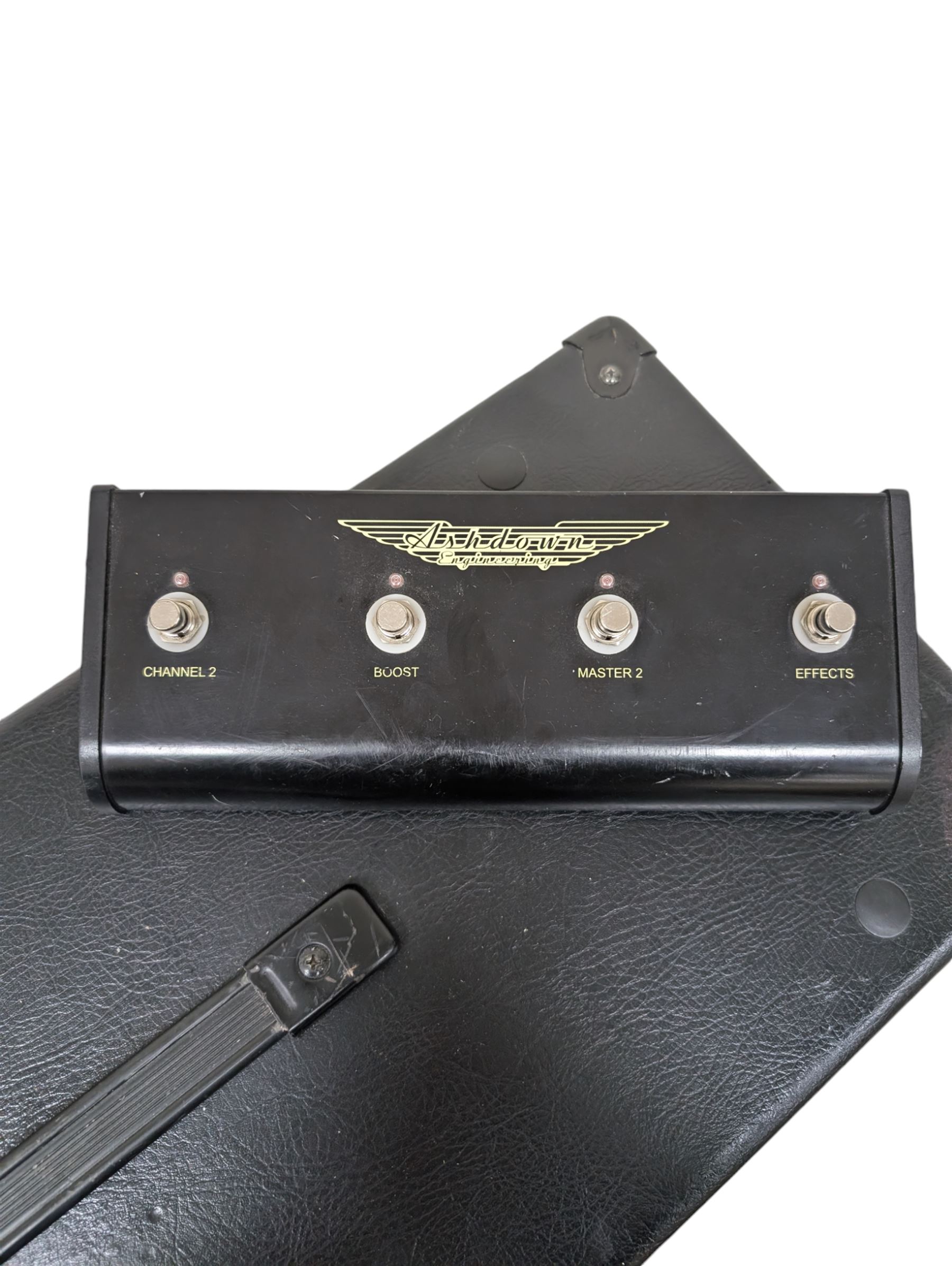 Ashdown Engineering Fallen Angel 60 DSP guitar amplifier head model no. FA60H, serial no. 18930406, 4 x 12 speaker cabinet, model no. FA 412A serial no. 20210106, and a four-button foot pedal, head H24cm, W70cm, cab H78cm, W70cm