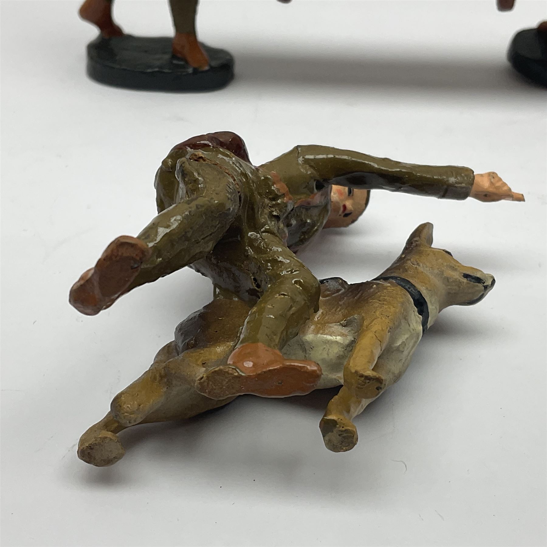 Eight Elastolin British soldiers and wartime figures, including nurse, injured soldier on stretcher, soldier with dog, etc, tallest 11cm