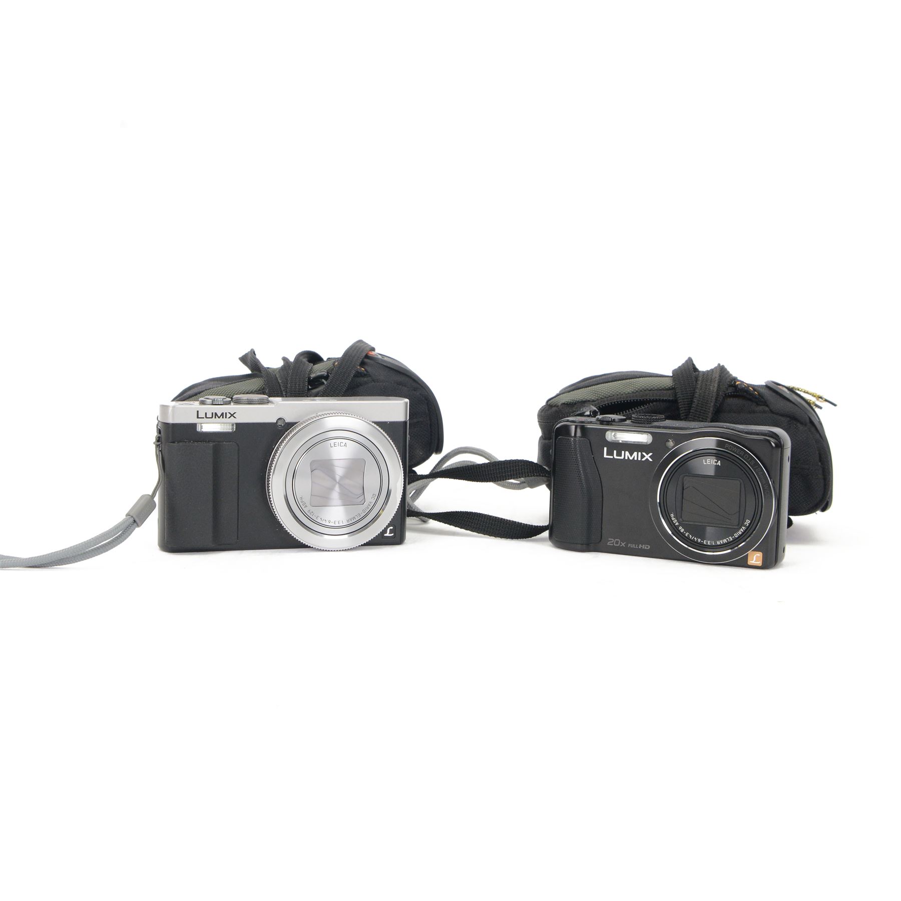 Two Panasonic Lumix compact digital cameras, comprising DMC-TZ35 with Leica DC Vario-Elmar 1:3.3-6.4/4.3-86 ASPH lens serial no. FA3GA005971 and a DMC-TZ70 with Leica DC Vario-Elmar 1:3.3-6.4/4.3-129 ASPH lens serial no. WP5DA002555, both in Lowepro cases 