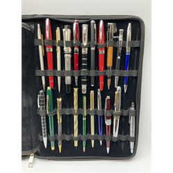 Assorted pens, to include a rolled gold cased Sheffer fountain pen with nib marked 14K, other examples largely ballpoint or roller ball examples, including Cross, Paul Smith, Parker, etc., in leather case. 