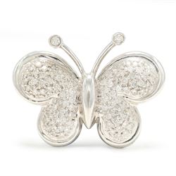 18ct white gold diamond butterfly brooch, pave set with round cut diamonds, stamped 750
