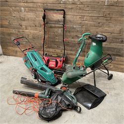 A Bosch Rotak 34R lawn mower, a Bergman Pro 3in1 Scarficer, Rake & Sweeper, a Black &Decker GS1800 chipper, a strimmer and a blower