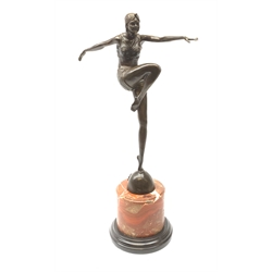 After J Philipp, an Art Deco style bronze, modelled as a female dancer, raised upon a marble base, including base H54.5cm.