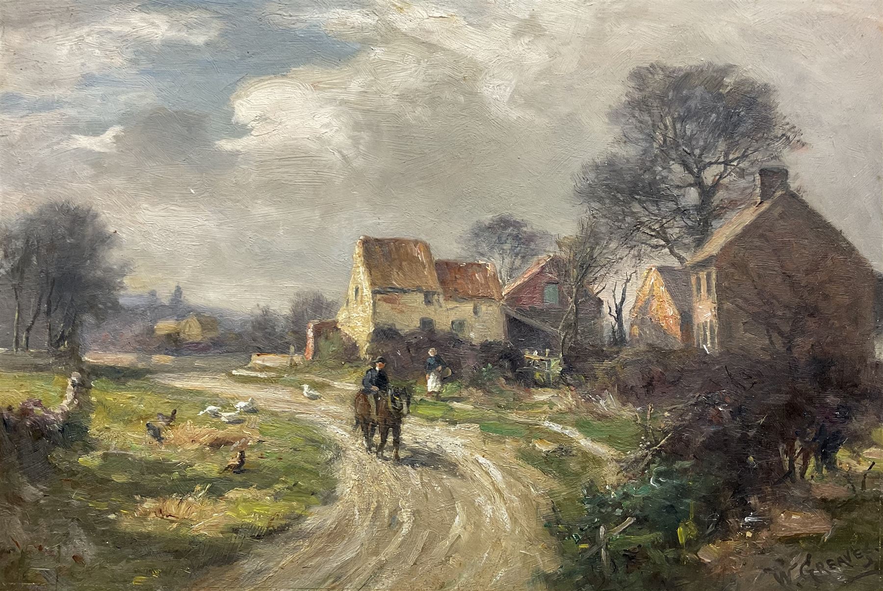 William Greaves (British 1852-1938): 'Entrance to the Village of Scholes near Leeds', oil on board signed and dated '16, titled and inscribed verso 31cm x 46cm (unframed)