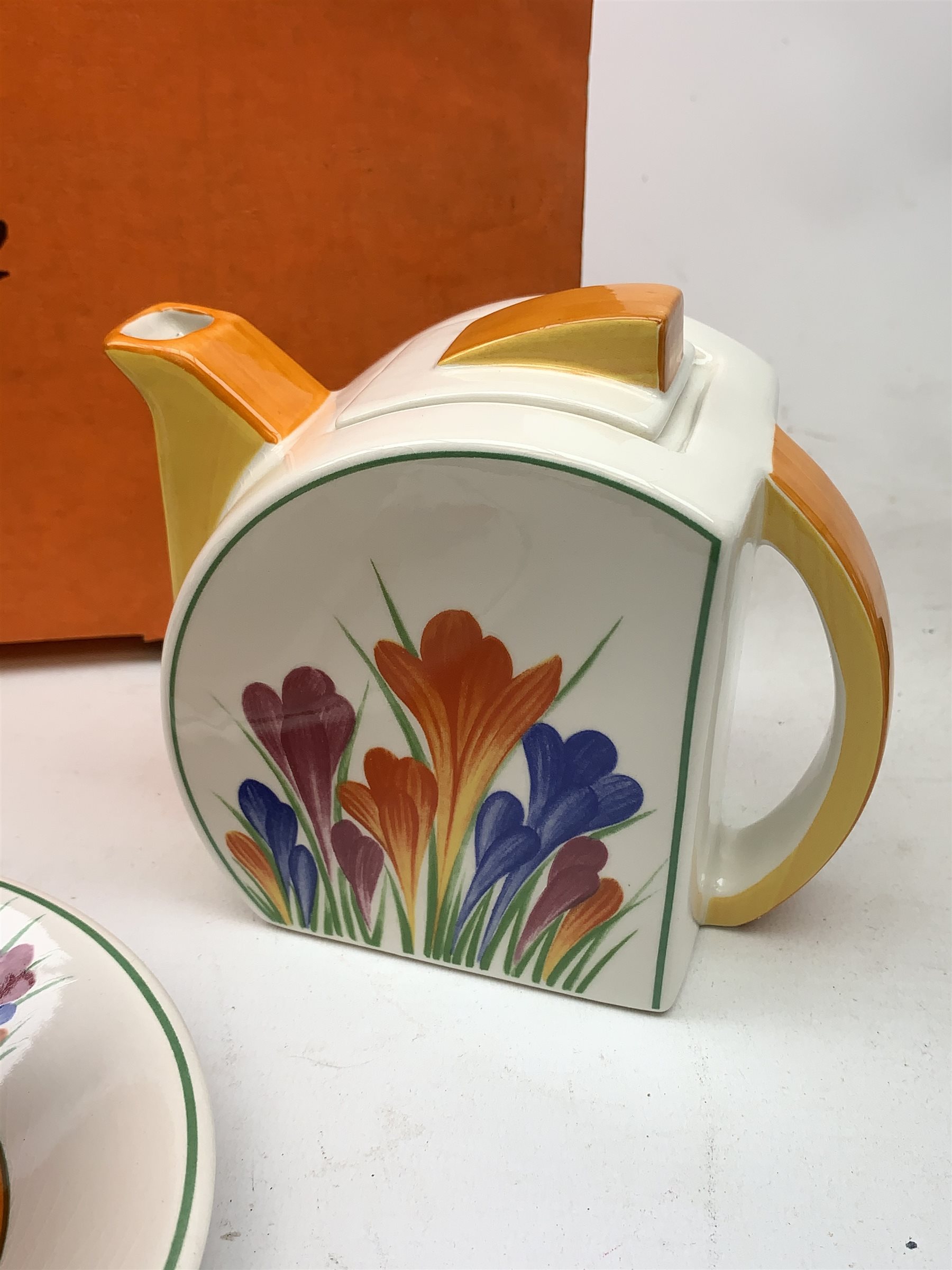 A limited edition Wedgwood Clarice Cliff Tea For Two set, comprising teapot, and two teacups and saucers, decorated in the crocus pattern, with boxes and certificates. 