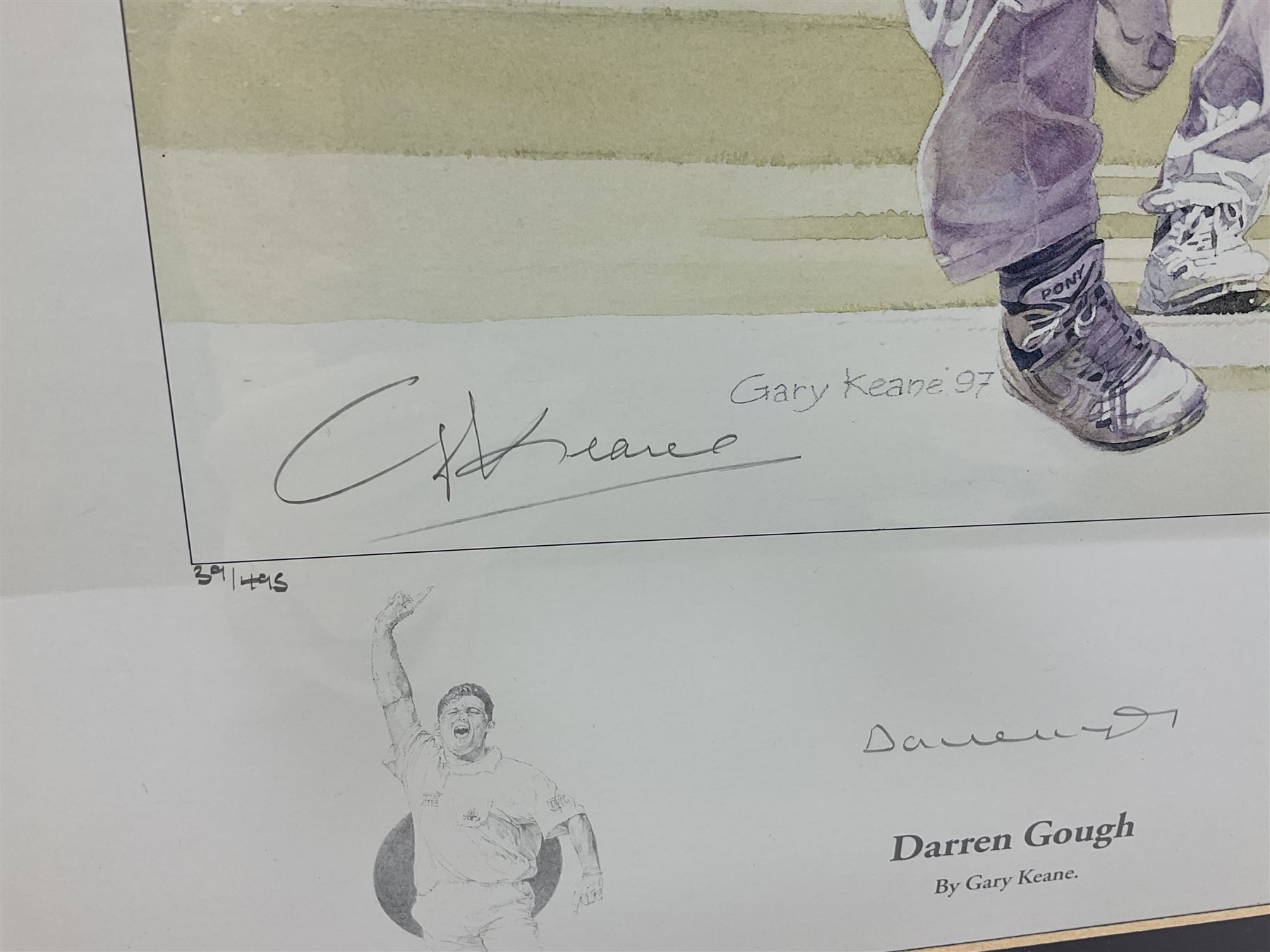 Two signed Yorkshire County cricket bats, bearing signatures including Anthony McGrath, Jacques Rudolph, Michael Vaughn and Matthew Hoggard, etc, both within glazed presentation boxes, box H86.5cm, together with a framed Darren Gough signed presentation print by Gary Keane