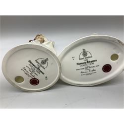 Seven Royal Doulton figures from the Nursery Rhymes Collection comprising, Tom Tom, the piper's son HN3032, Little Jack Horner HN3034, Wee Willie Winkie HN3031, Polly, put the kettle on HN3021, Little Bo-peep HN3030, Little Boy Blue HN3035, Little Miss Muffet HN2727, together with two Royal Doulton Mary had a little lamb figures HN2048 and COPR1948, all with printed marks beneath  