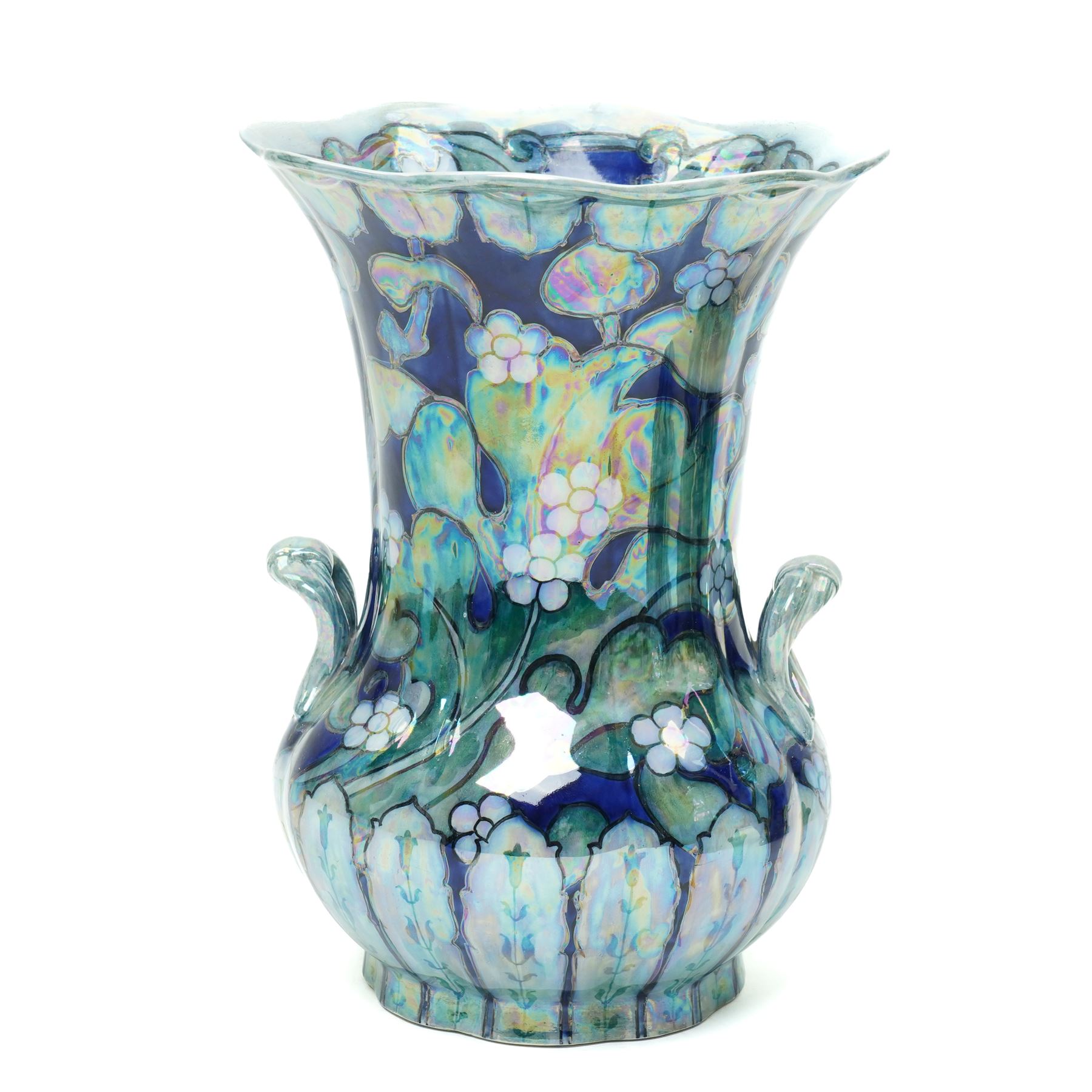 Pair of Keeling & Co Losol  ware lustre vases and covers of square spreading form decorated with flowers H33cm, a matching baluster vase and a lustre jar and cover decorated with landscape panels