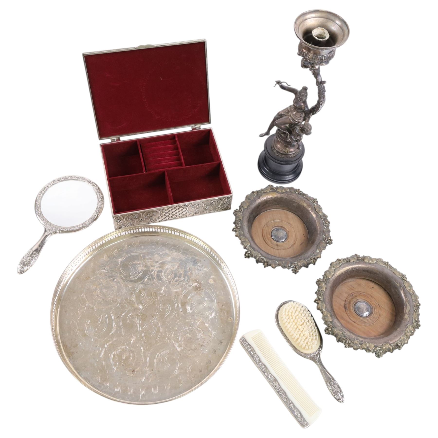 Pair of silver plate wine coasters, with crest for East Devon Regiment to the centre, together with jewellery box, centre piece etc  