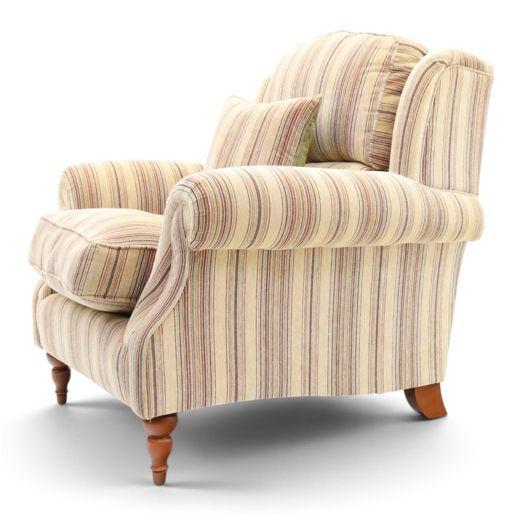 Parker Knoll - contemporary 'Henley' lounge suite comprising grande two seat sofa and wingback armchair, traditional wing shape over rolled arms and turned feet, upholstered in striped fabric