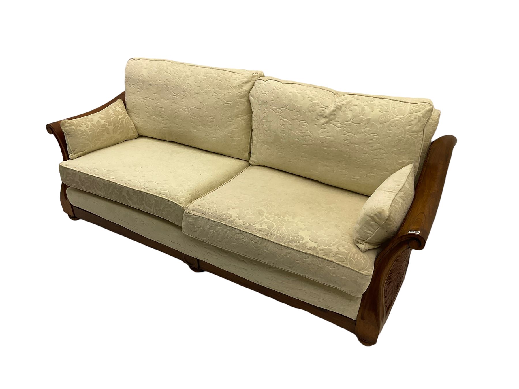 Multi-York - Hardwood framed bergère lounge suite, three seat sofa (W204cm), and pair matching armchairs (W90cm), upholstered in cream floral pattern fabric 