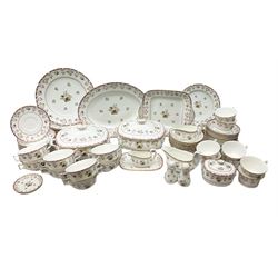 Wedgwood dinner service decorated in the 'Bianca' pattern, to include eight dinner plates, eight bowls, eight side plates, eight twin handled souo bowls, eight soup bowl saucers, eight teacups, eight teacup saucers, six dessert plates and two larger, two twin handled lidded tureens, milk jug, two sauce boats, salt and pepper shakers, oval serving  plate, twin handled sandwich plate, covered sucrier, small rectangular dish and two small circular dishes, all with printed stamp mark beneath