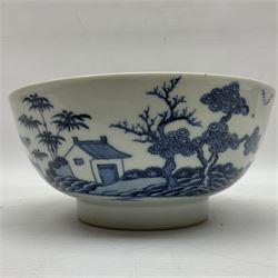 Late 18th century Chinese Export blue and white bowl painted landscape and pagoda scene, D19cm