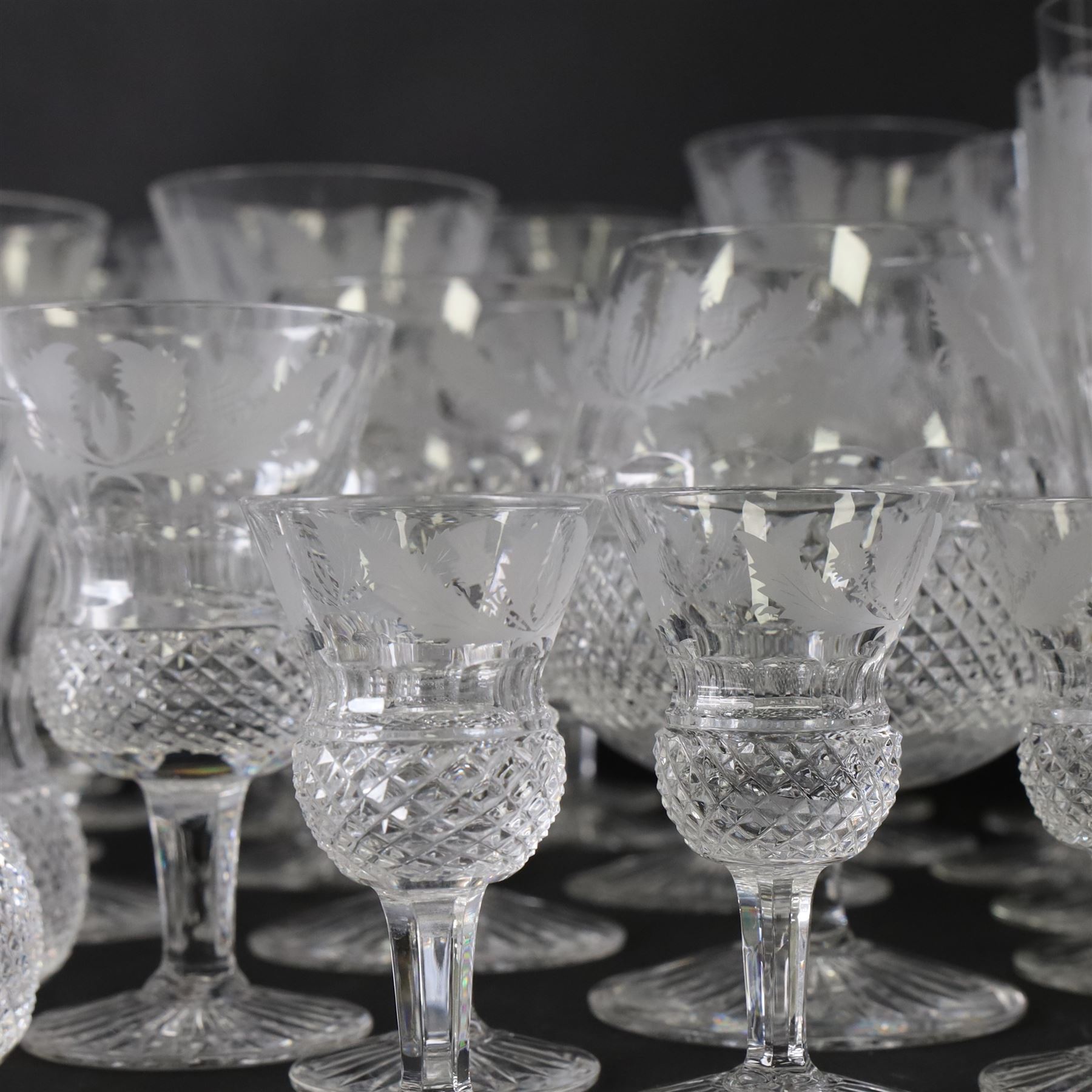 Edinburgh Crystal Thistle pattern suite of glass for ten, comprising champagne, white wine, red wine, brandy balloons, sherry, port and tumblers 