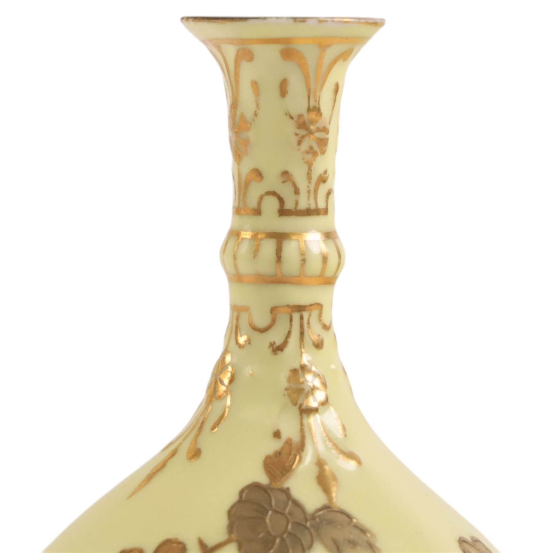Pair of Royal Crown Derby bud vases, decorated with gilt floral sprigs upon a yellow ground, marked beneath, H14cm