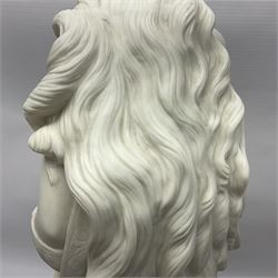 19th century Copeland Parian Ware figure, after R Monti, modelled as Lady Godiva, upon a circular titled plinth, signed and dated verso R Monti 1870, impressed to base Copyright Reserved Copeland, overall H22cm