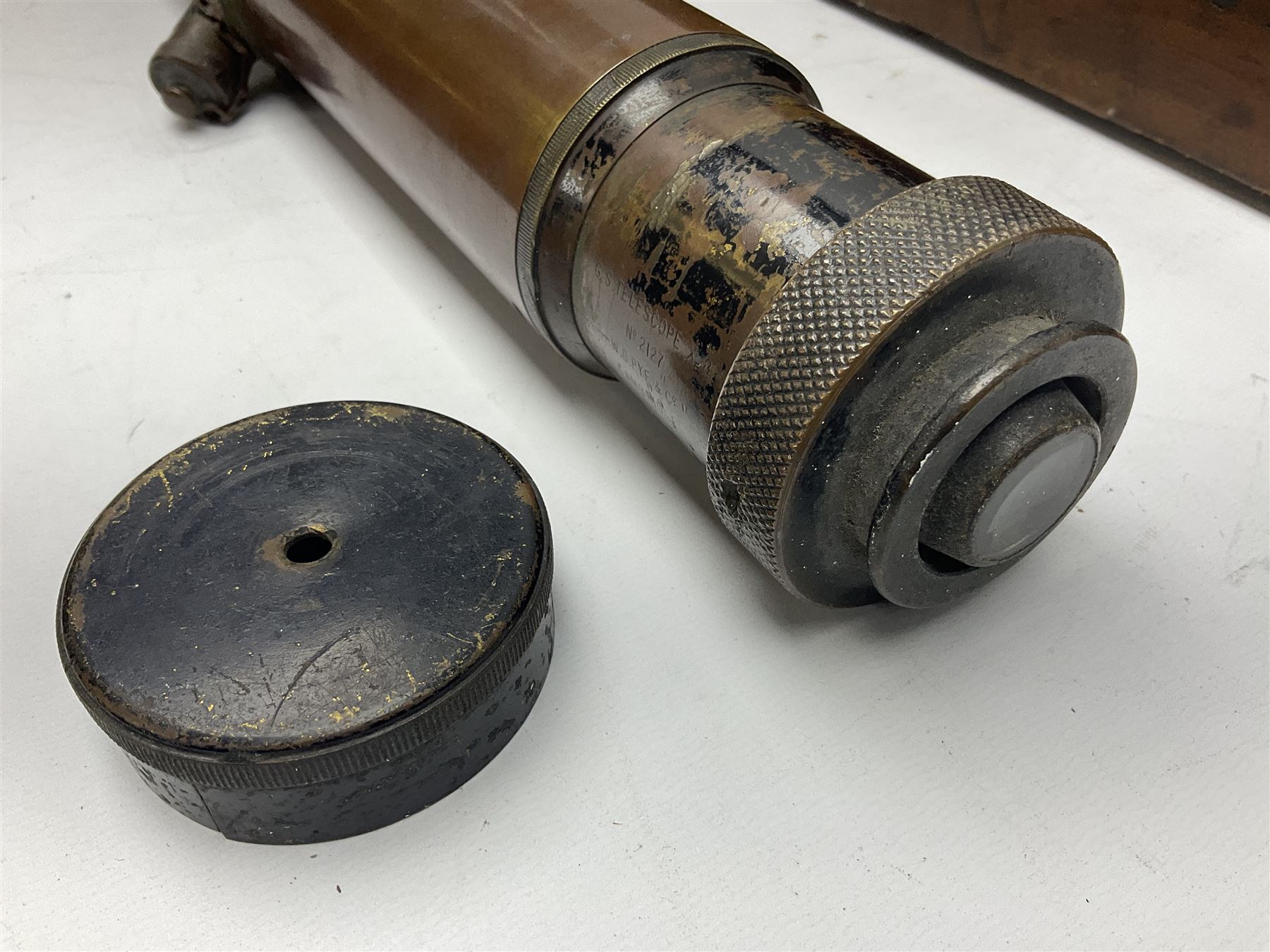 Early 20th century brass and black japanned gunsighting telescope inscribed 'G.S. Telescope X8 No.2127 W.G. Pye & Co Cambridge 1918 No.18' with X graticule to lens L53cm; in wooden box marked 'Gunsighting Telescope'