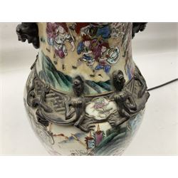 Chinese vase of baluster form, converted to a lamp base, in the Nankin style, decorated with a battle scene with oxidised trim, H44cm