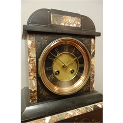  Victorian black slate and marble mantel clock, black chapter ring with gilt Roman numerals, twin train movement striking the hours and half on coil, H27cm  
