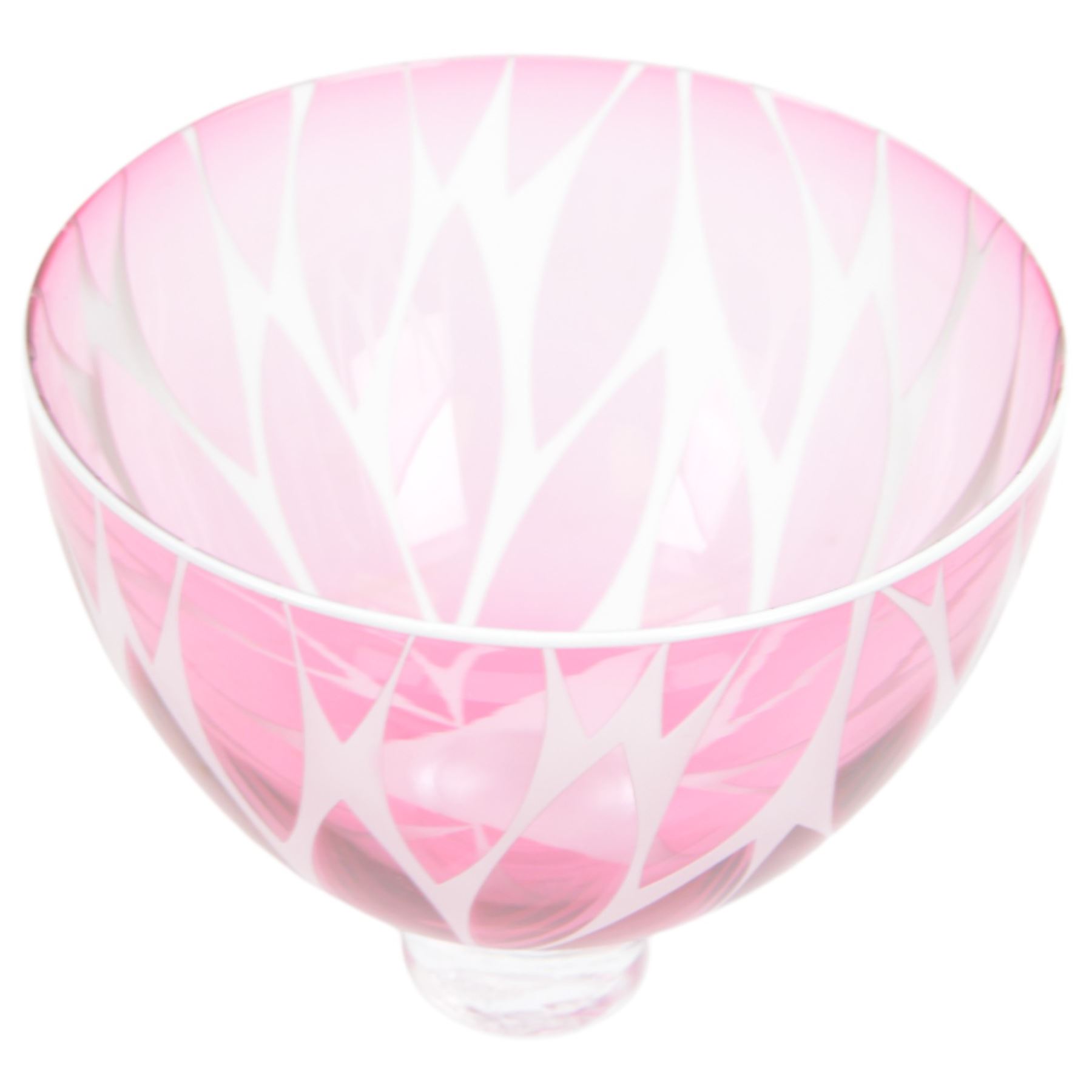 Gillies Jones of Rosedale glass bowl decorated with pink leaves with white rim, upon a short clear tapering foot, signed to base, H14cm D15cm