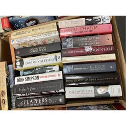 Quantity of hardback books, to include autobiographies, fiction, non fiction, etc in five boxes 