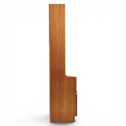 Nathan - teak corner cabinet, the upper section with moulded cornice and two fixed shaped open shelves, above a curved corner cupboard with twin signature square panelled doors, on a shaped plinth