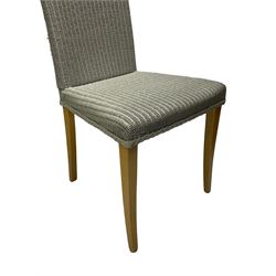 Lloyd Loom - set of six 'Maybourne' slate painted high back wicker dining chairs, raised on light oak square tapering supports