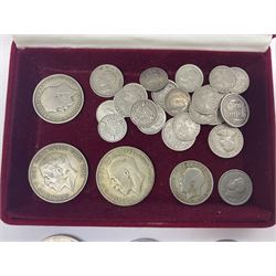 Queen Victoria 1895 silver crown coin, 1887 sixpence, King George V 1920 one shilling, 1921 florin, 1927 and 1931 halfcrowns, various pre 1920 and pre 1947 silver threepence pieces, commemorative crowns etc