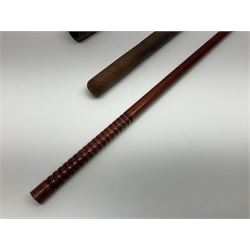 19th century continental folding knife with 15.5cm single edged blade, the pierced brass and iron handle with remains of horn grips L21.5cm overall closed; turned horn handled knife with foliate engraved blade; battlefield relic German 1884/98 knife bayonet; iron spear head; leather covered swagger stick; and two-piece gun cleaning rod