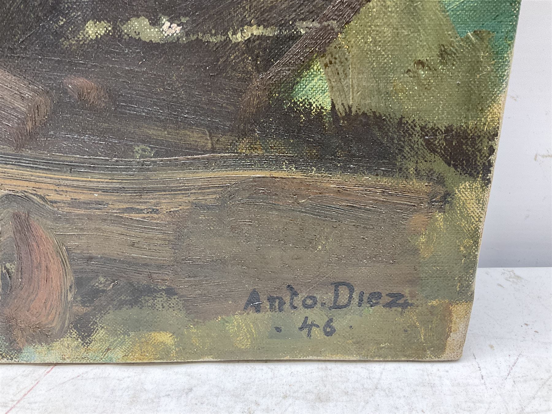 Anto Ferdinand Diez (Belgian 1914-1992): Fishermen, oil on canvas signed and dated '46, 80cm x 100cm (unframed)