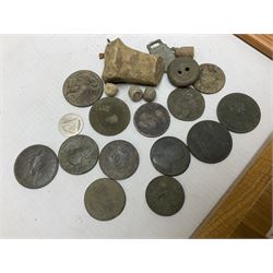 Collection of metal detecting finds and antiquities, housed on five display boards and some loose, to include coins, keys, axe head etc 