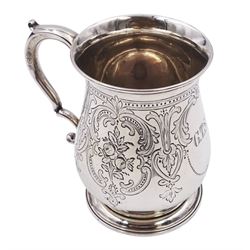 Victorian silver christening mug, of waisted form with scroll handle, bright cut rose and scroll decoration and engraved initials to body, upon spreading circular stepped foot, hallmarked A B Savory & Sons, London 1864, including handle H9.7cm, approximate total weight 6.44 ozt (200.4 grams)