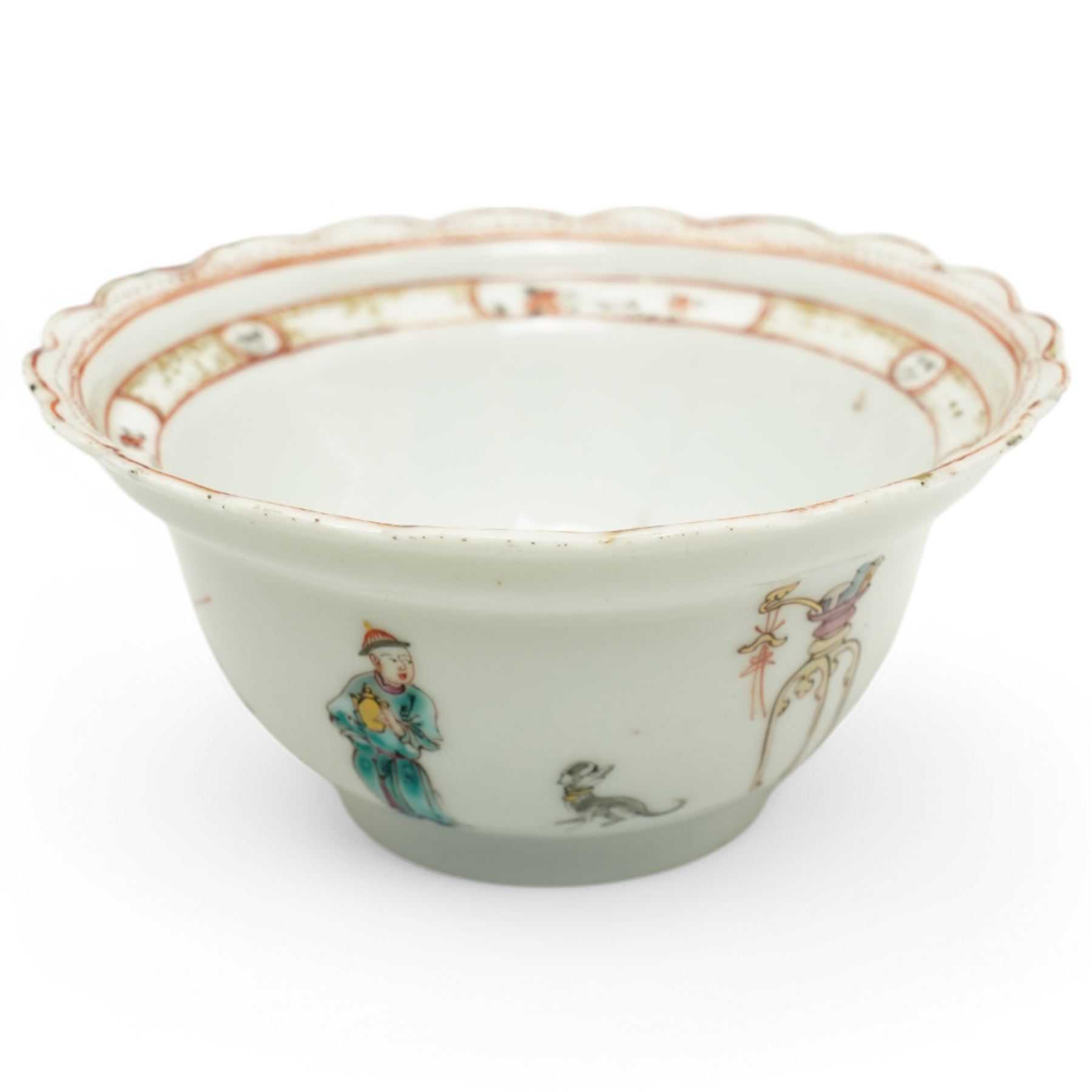 Set of Chinese 20th century tea wares, comprising three bowls of graduating sizes, teacup, spoon rest and small plate, decorated with scenes of figures around a table, each with scalloped rim, largest bowl D12cm