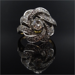  18ct gold diamond scroll ring, central old cut diamond approx 0.5 carat  