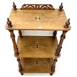 Victorian inlaid walnut whatnot, four finials, turned supports joined by three shelves 
