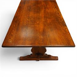 Batheaston Bespoke Furniture Harrogate - 17th century design oak refectory dining table, rectangular top raised on shaped end supports with sledge feet, united by pegged stetcher