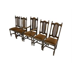 Set five early 20th oak barley twist dining chairs, spiral turned supports with oval cane-work backs, drop-in upholstered seats, on spiral turned supports joined by plain stretchers 