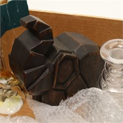 Box of miscellaneous items including coloured glass liqueur decanter and tots, two paperweights, glass carafe etc