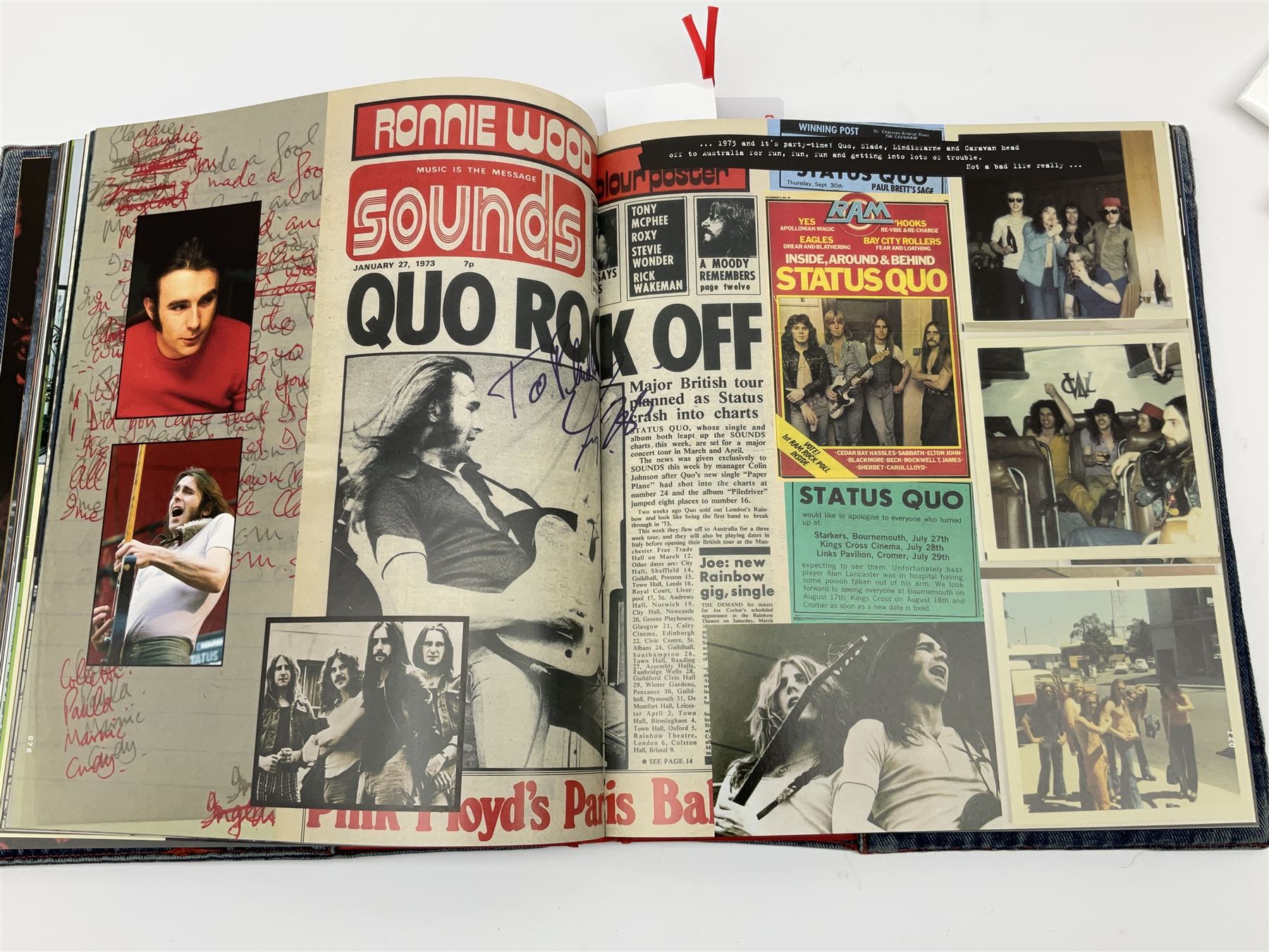 Status Quo: The Official 40th Anniversary Limited Edition book No.926/3000 with certificate signed by Rossi and Parfitt. Duplicate signatures by Rossi and Parfitt on pages within the book. Denim dustjacket; 'From The Makers Of ....' boxed set of three LP records in circular blue tin; and quantity of tour carrier bags