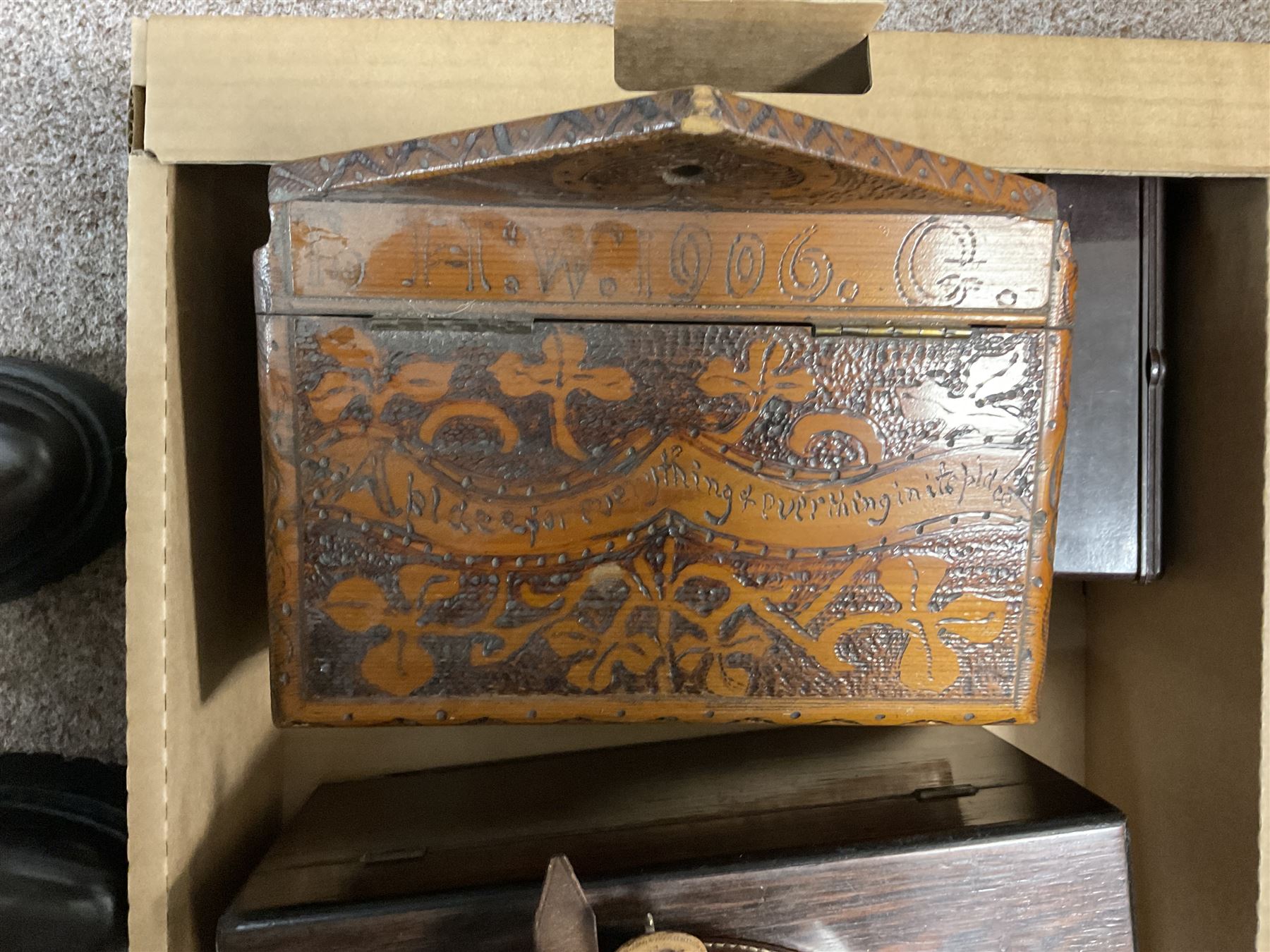 Two Pokerwork boxes, together with writing slope and various other boxes 