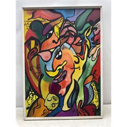 Christine Gloria Cox (Scarborough 1942-2014): Surreal Portraits, acrylic on board, one signed with monogram and with partial exhibition label verso max 62cm x 92cm (2)