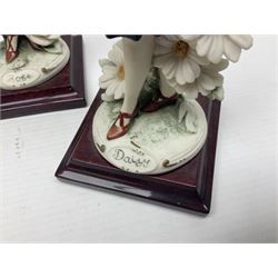 Set of four Giuseppe Armani Florence figures, Iris, Rose, Lily and Daisy, each modelled as ladies in 1920s dress amongst flowers, with names and signature inscribed and upon mahogany base, H23cm