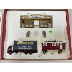 Corgi - Showman's Range 31012 Mickey Kiely Boxing Set; Premium Limited Edition The Greatest Show on Earth CC12606 Scammell Crusader Box Trailer Robert Bros.; limited edition 97893 A.E.C. Mercury Truck and Trailer J. Ayers; all boxed; together with large quantity of circus tickets, hand bills. flyers etc
