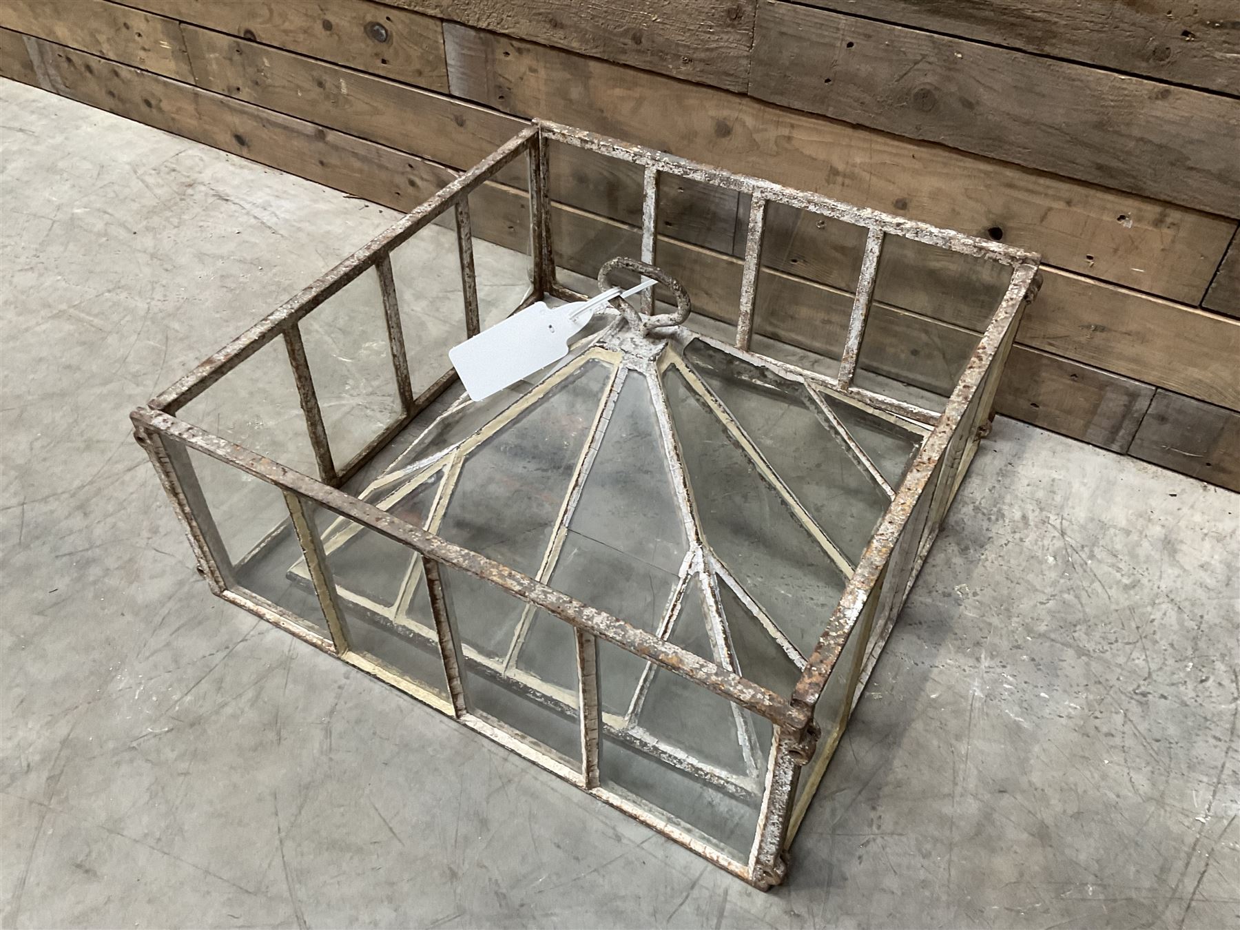 Victorian painted iron framed square garden cloche lantern, with associated sides (larger than the top piece), no fittings