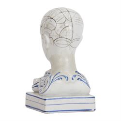 19th century Staffordshire pottery Phrenology head inkwell, circa 1860, the head mapped out, upon a scrolling base with pen/ink recesses and rectangular plinth impressed 'By F. Bridges Phrenologist', H14cm