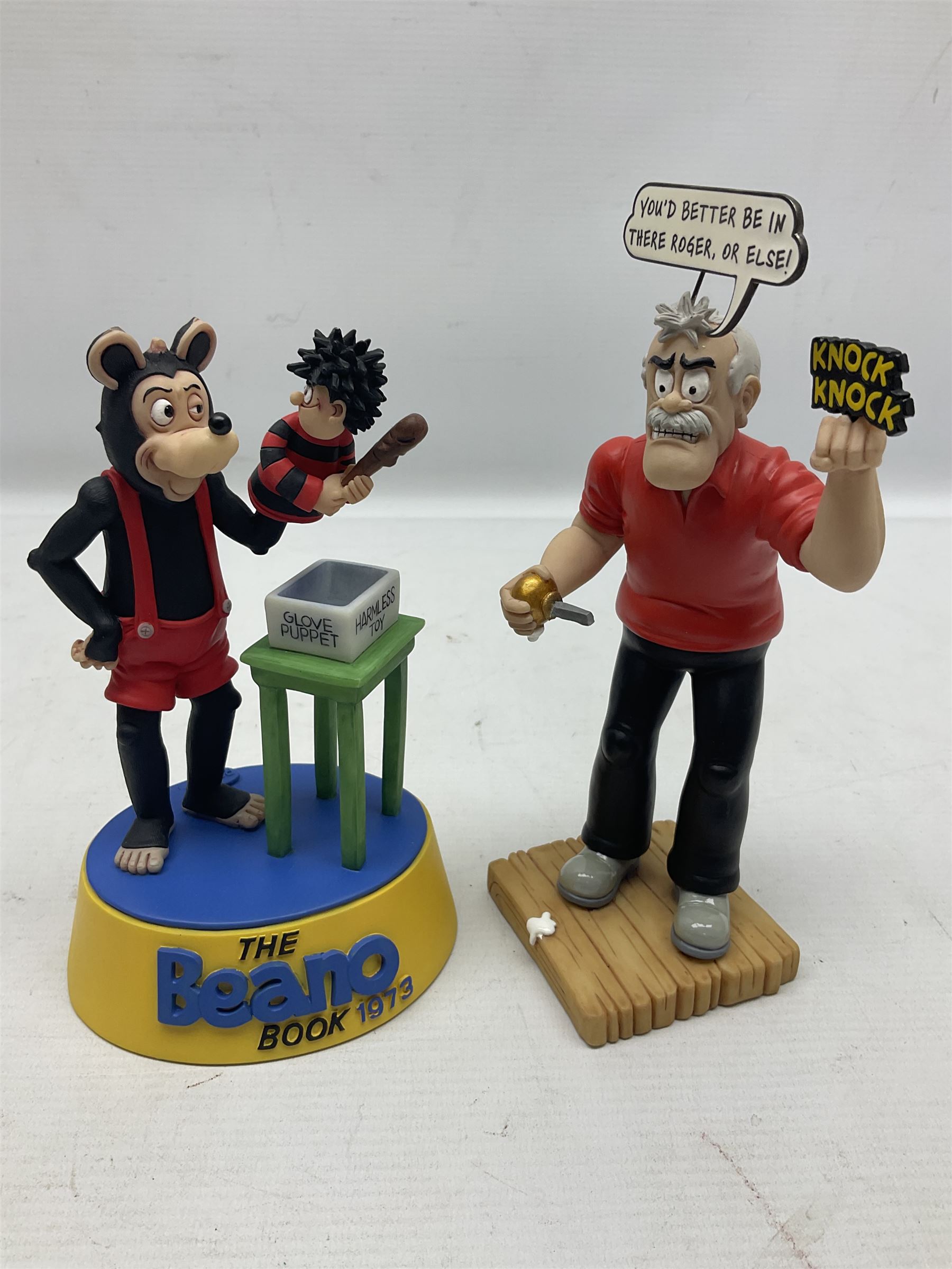 Seven limited edition Robert Harrop figures from the Beano Dandy collection, comprising The Beano Dandy Collection Bash Street Kids 50th Anniversary BSK50, Roger the Dodger's Dad You'd Better Be in There Roger!, two Desperate Dan Safe Cracker BDS13, The Beano Book Front Cover 1959 BDFC03, The Beano Book Front Cover 1973 BDFC01, some first editions, and Beano, Dandy Christmas 2013 The Beano Book 1975 The 10th Day of Christmas, no 137/200, BDCS13, all with boxes