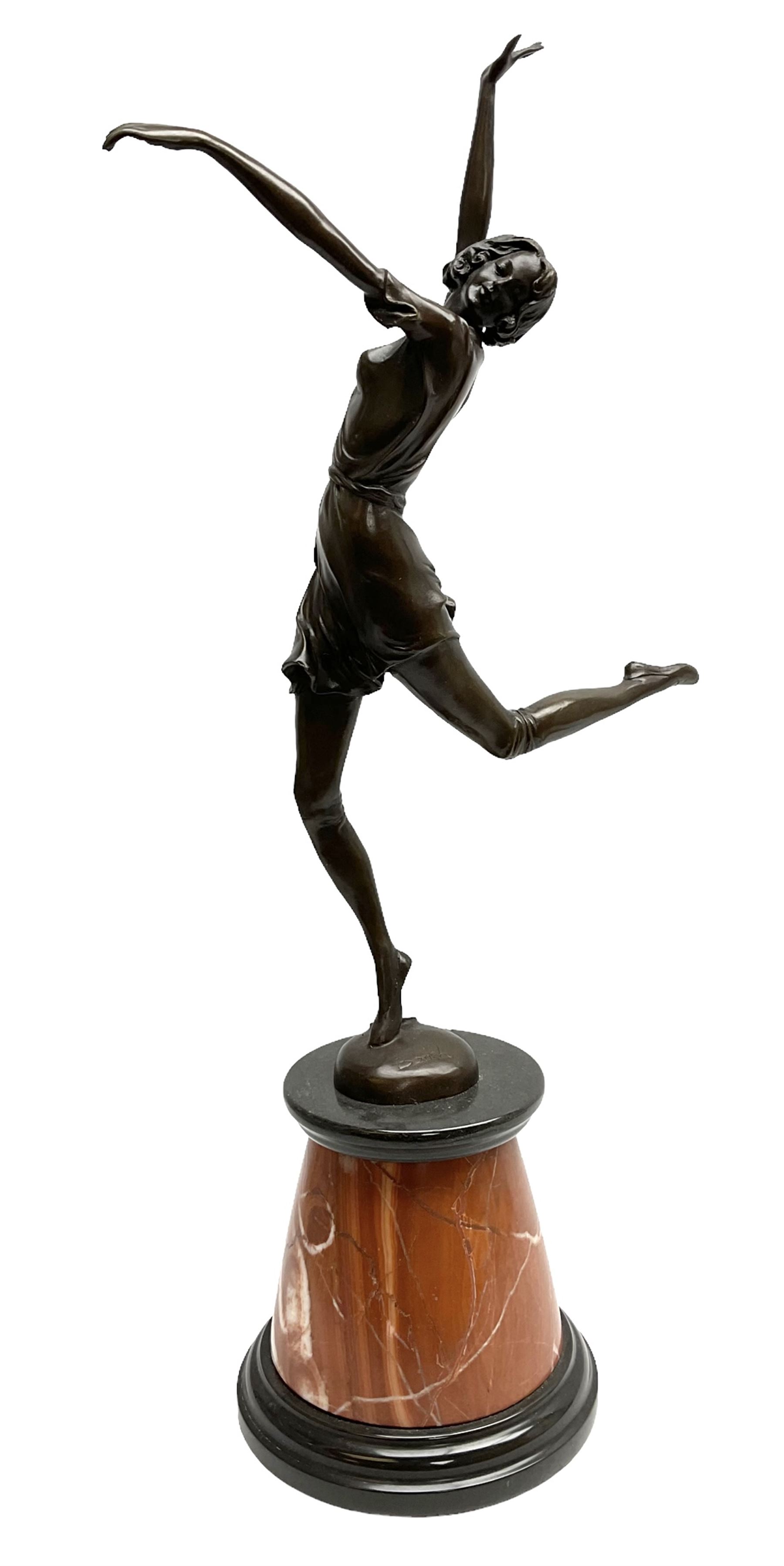 Art Deco bronze figure of a dancer, the domed base with B Zack signature, signed and with foundry mark, upon a tapering marble base H65cm