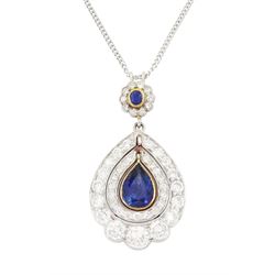 Platinum and gold sapphire and diamond articulated halo pendant necklace, pear cut sapphir...